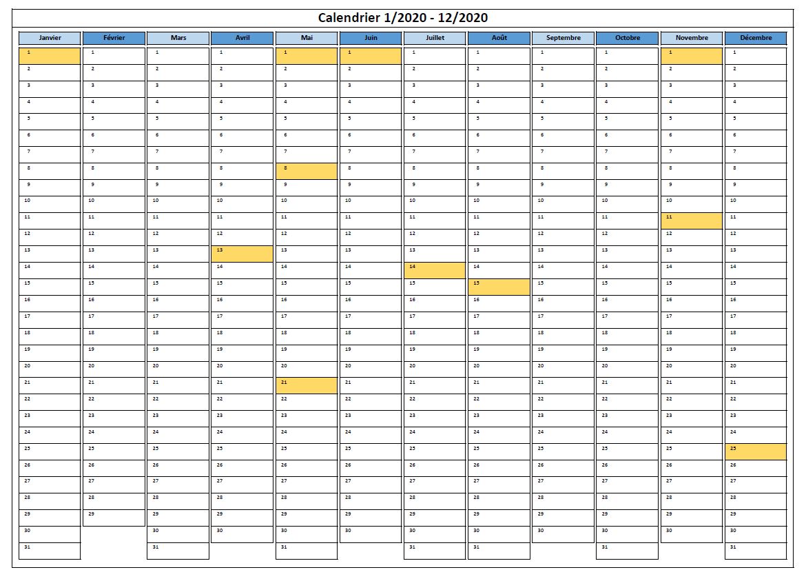 Calendrier 2020 horizontal feries France uniquement