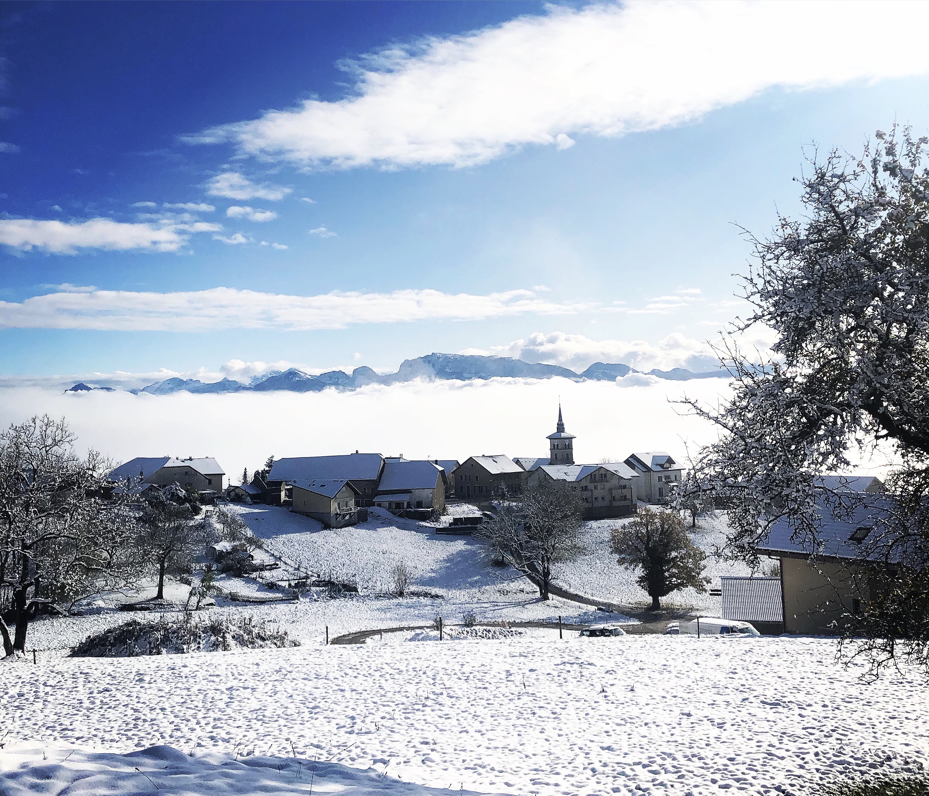 Vue d'ensemble du chef-lieu de Vovray-en-Bornes. 
On peut apercevoir l'ancienne école au pied de l'église, la mairie en face de l'église. 
Photographie : Nathalie DEBIZE novembre 2019