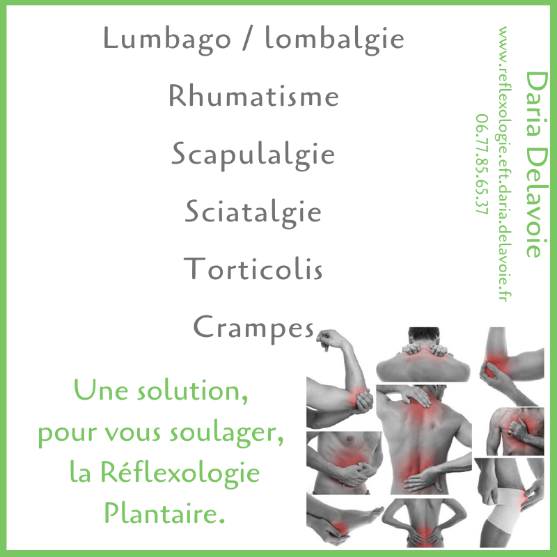 daria delavoie. reflexologue plantaire. ruy montceau. isere. france. ameliorer les symptomes par les méthodes naturelles.
lumbago, lombalgie, scapulalgie, sciatalgie, torticolis, crampes