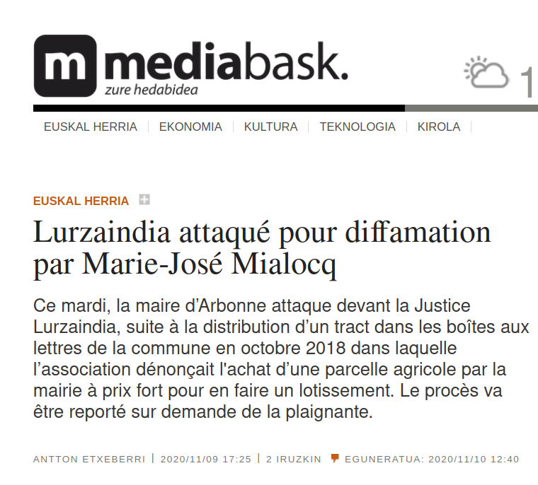 Article Mediabask du 9 novembre 2020: comment défendre les terres agricoles à Arbonne ?  