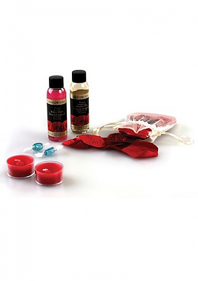 Contenu: Pétales de rose en soie parfumées, lotion de massage, bain moussant, bougies chauffe-plat, bonbons menthe stimulante et guide de conseils romantiques.