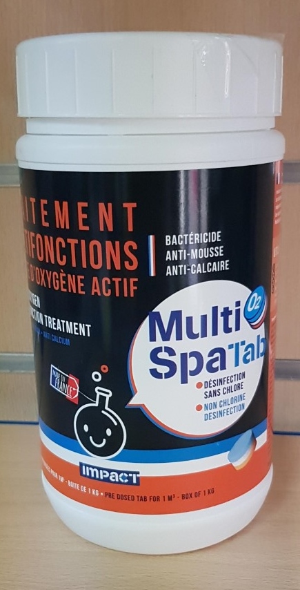 MULTI-SPA TABS
Pastilles multifonctions 20g composées d'oxygène actif, d'anti-mousse et de sequestrant calcaire.
Elle permet en un seul geste d'effectuer un traitement complet du SPA.
Dosage: (A augmenter en fonction de la fréquentation et de la température de l'eau.)
1 pastille dans le skimmer pour 1m3