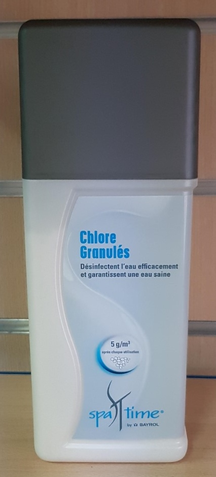 GAMME SPA-TIME : CHLORE
Microbilles de chlore.
Se dissout rapidement sans résidus et ne décolore pas les surfaces.
Son pH est neutre donc son ajout ne modifie pas le pH de l'eau.
Valeur idéale de Chlore : 1,0 - 1,5 mg/l