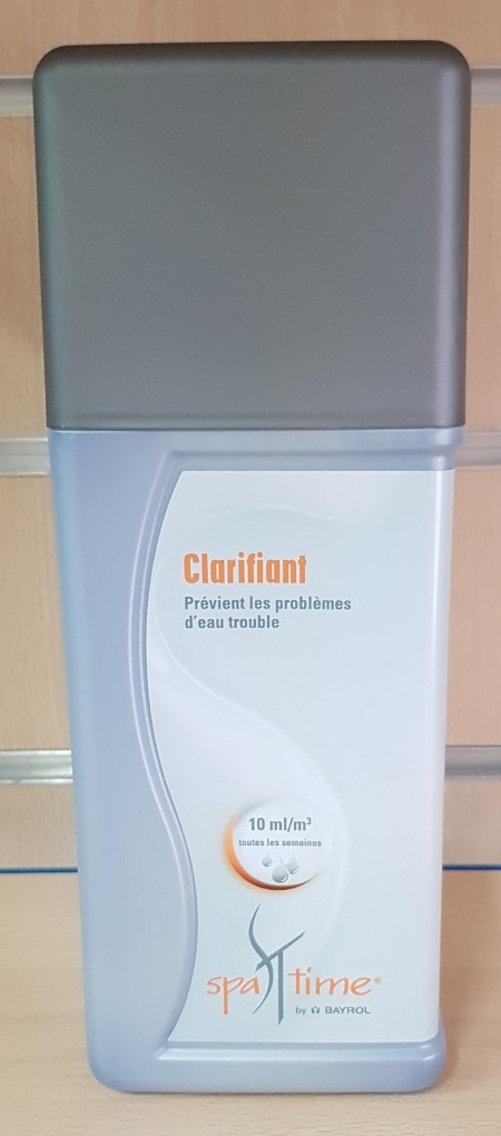 GAMME SPA TIME: CLARIFIANT
Pour optimiser la filtration ajouter du clarifiant.
Dosage : 10ml/m3/semaine