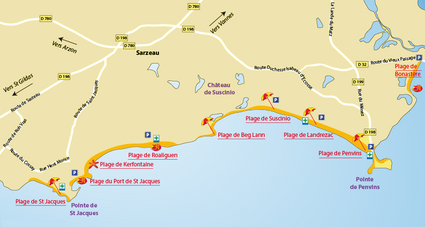 Carte des plages à Sarzeau sur la presqu'île de Rhuys en Bretagne.