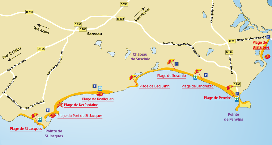 Carte des plages à Sarzeau sur la presqu'île de Rhuys en Bretagne.
