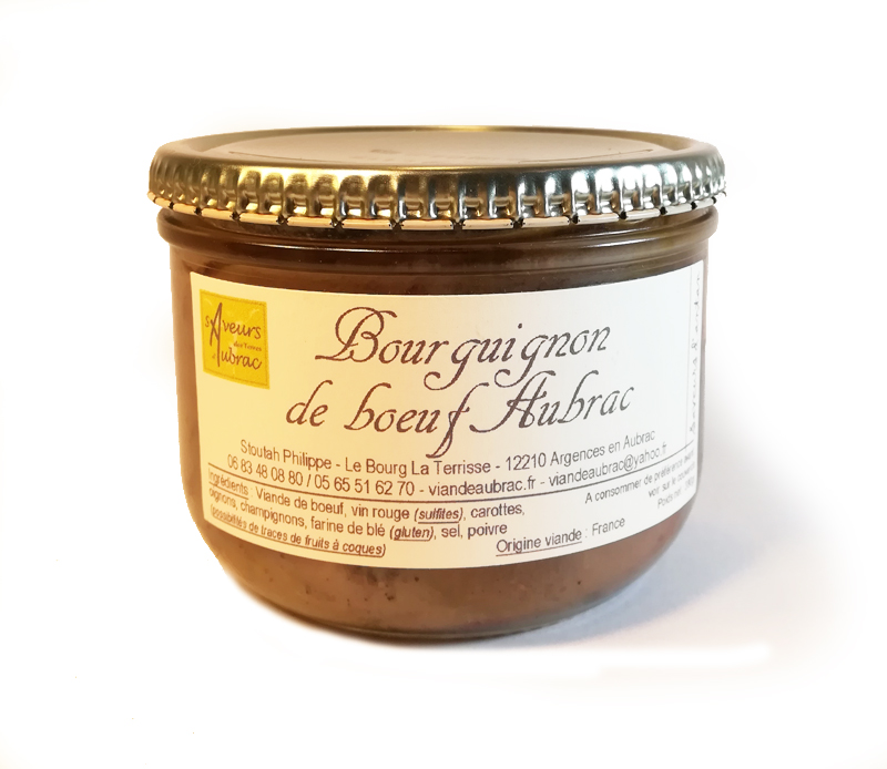 Ingrédients : Viande de boeuf, vin rouge (sulfite), carottes, oignons, champignons, farine de blé (gluten), huile de tournesol, sel, poivre (possibilités de traces de fruits à coques)
Origine viande : France, Aveyron