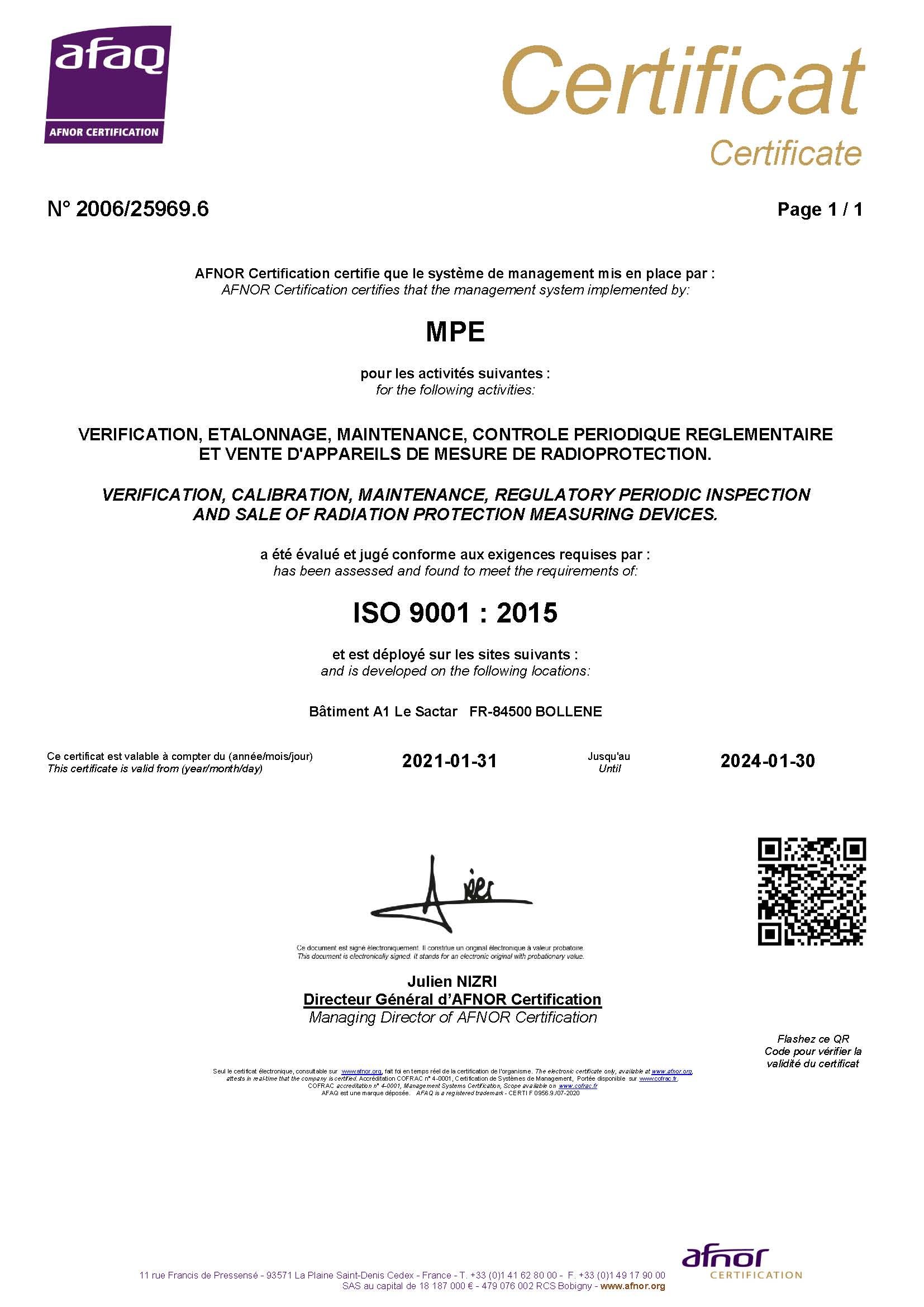 Renouvellement ISO9001 v2015 - Vérification - Étalonnage - Maintenance - Vente