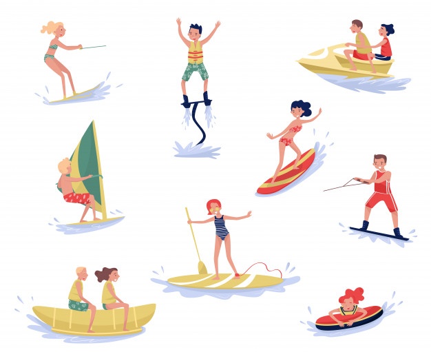 Ensemble sports nautiques extremes ski nautique flyboard planche voile surf paddleboard activites sports nautiques wakeboard dessin anime illustrations 223337 860