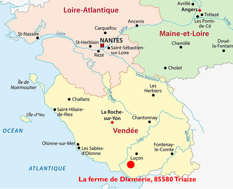 Localisation de la ferme de Dixmérie, Triaize, Vendée. Vente de viande bio en directe.