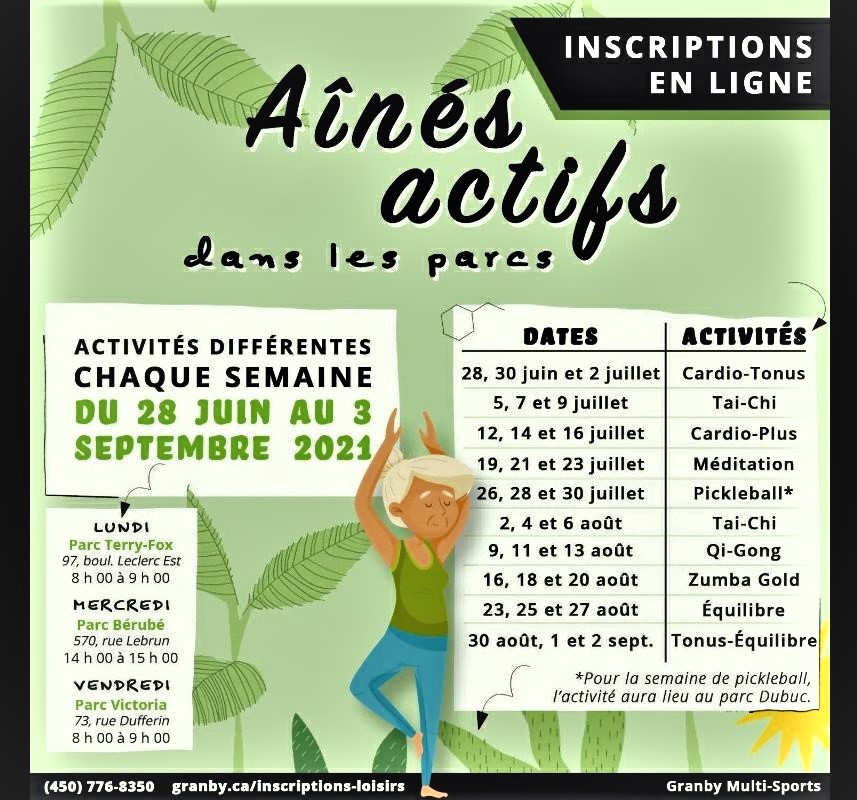 Ainés Actifs 2021 dans les parcs à Granby 
Réservez votre place !
Ateliers avec Lolita
Tai Chi - Méditation - Qi gong - Équilibre
