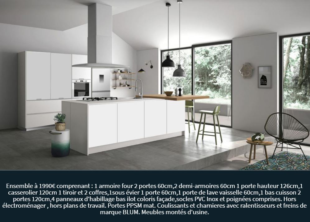 Cuisine blanche sans poignees avec ilot central pau lons 64