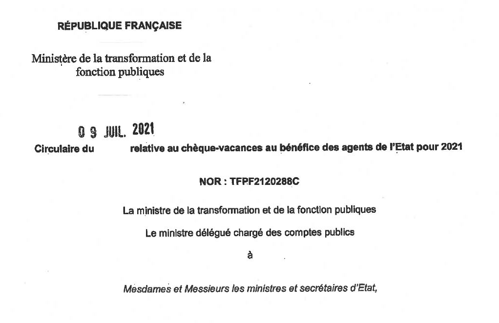 Circulaire du 09 juillet 2021 relative au chèque-vacances pour 2021