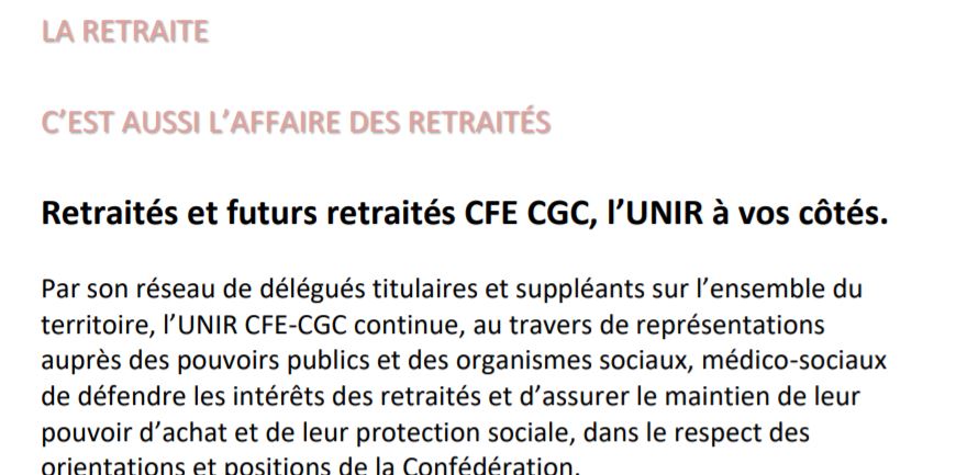 Retraités et futurs retraités CFE CGC, l'UNIR à vos côtés