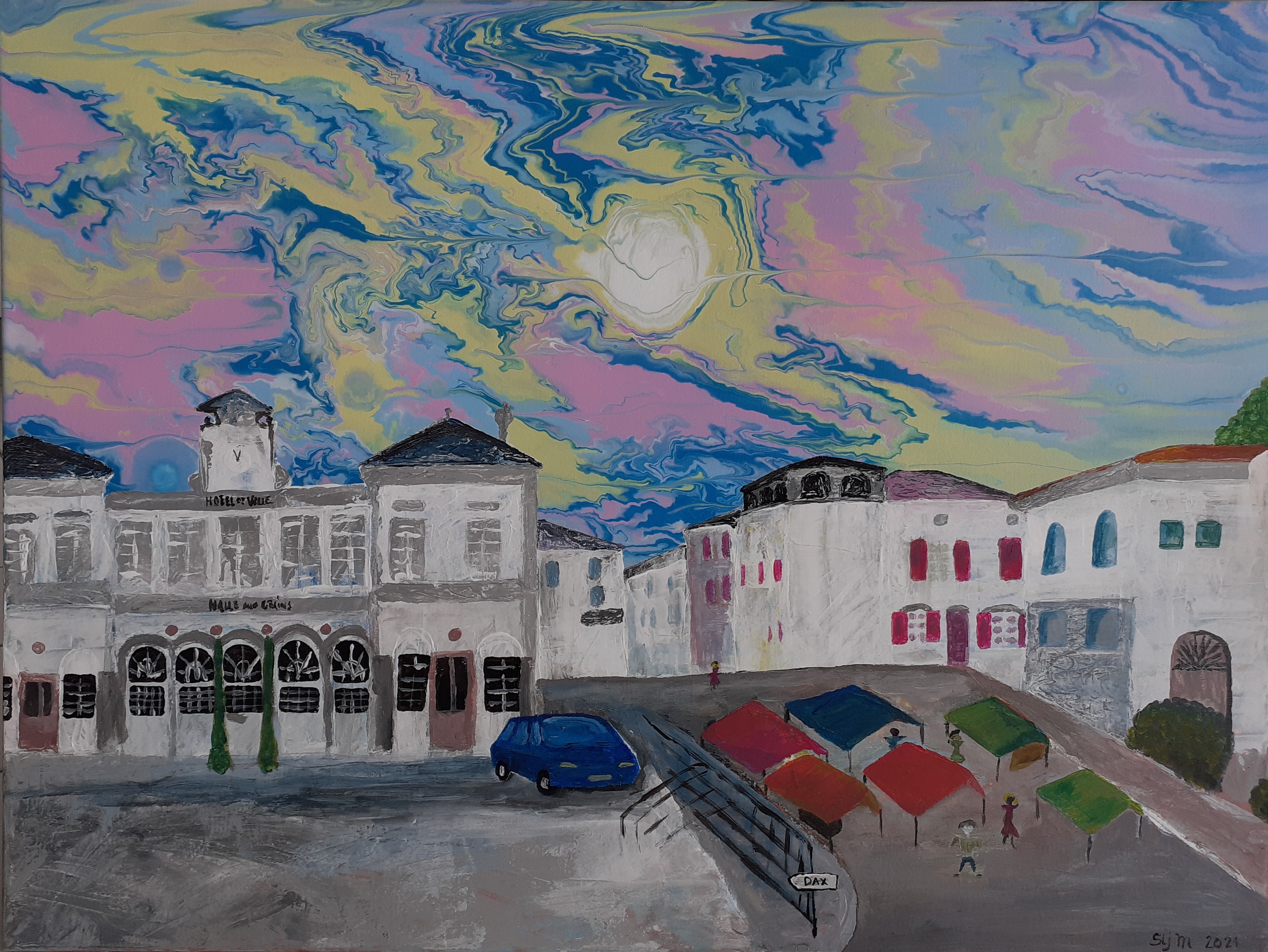 Montfort en Chalosse, la Grand Rue, 60 x 80, Acrylique fluide sur toile, couteau et brosse
OFFERT à la Commune à l'occasion des Estivales de Montfort le 26 juin 2021
Exposé en Mairie, il rend aussi hommage à Marcel Saint-Martin