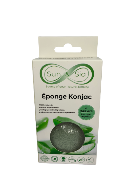 Éponge Konjac Visage enrichie à l'Aloe Vera.Convient à tous les types de peaux. L'Aloe Vera est hydratant, purifiant, régénérant et apaisant. 100% naturelle en fibre végétale, sans colorants, ni additifs- Chez Lit'Dromassage à sainte-marie La rivière des pluies