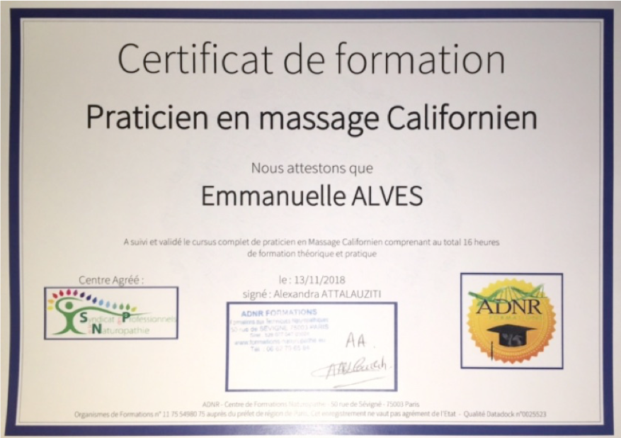 Certificat massage californien