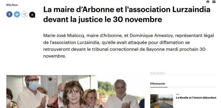 La maire d'Arbonne et l'association Lurzaindia devant la justice le 30 novembre 