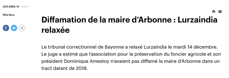 Pour le tribunal de Bayonne Lurzaindia n'a pas diffamé la maire d'Arbonne