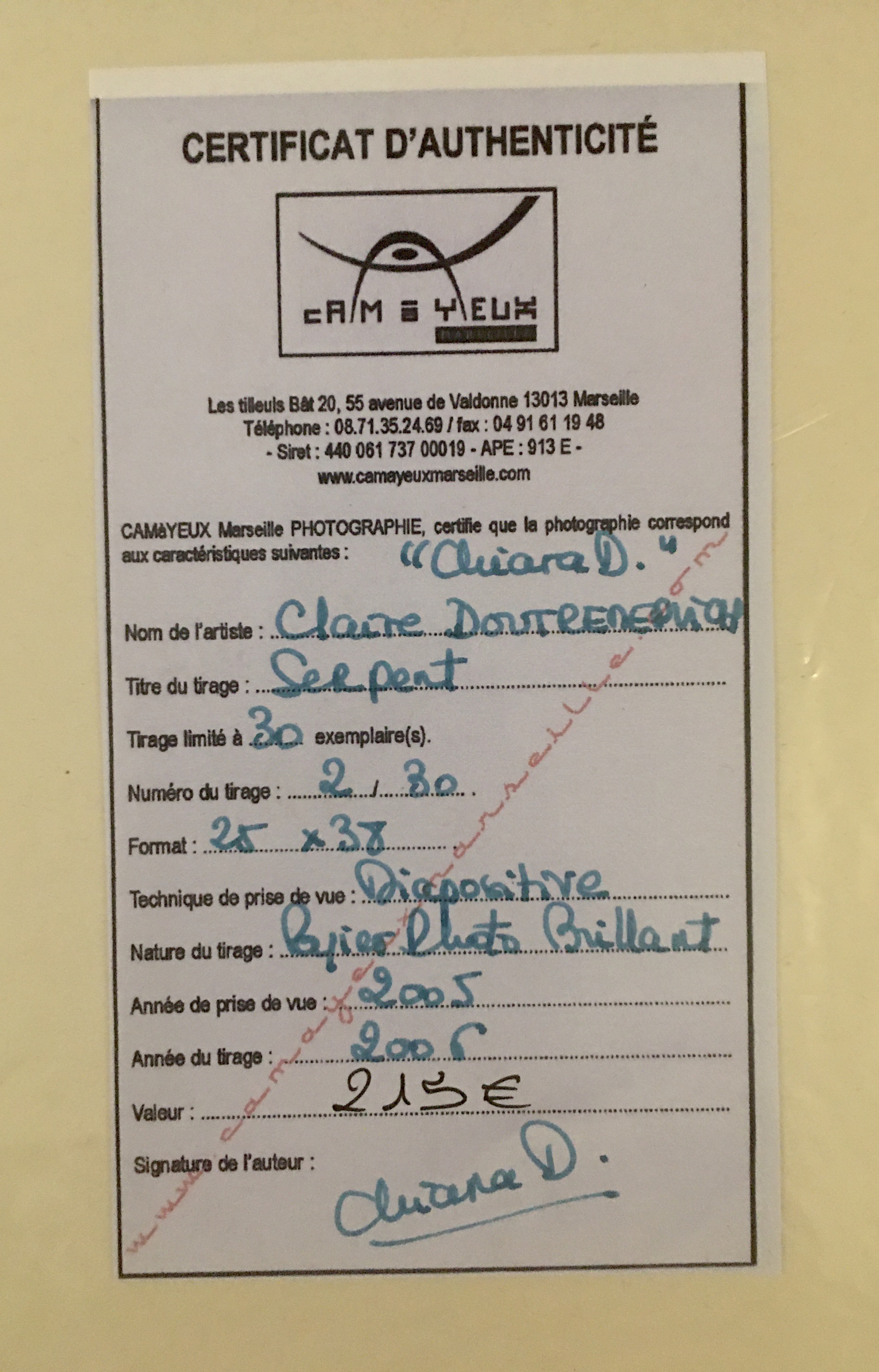 Certificat authenticite serpent