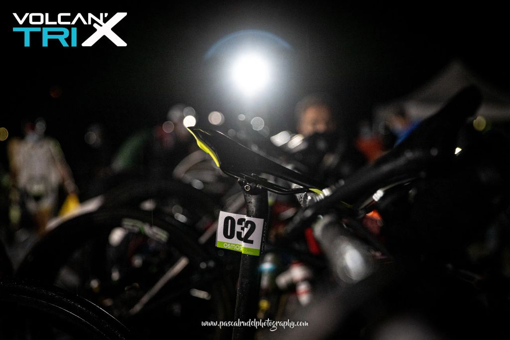 bike transition in the dark for the Volcan'X Triathlon
