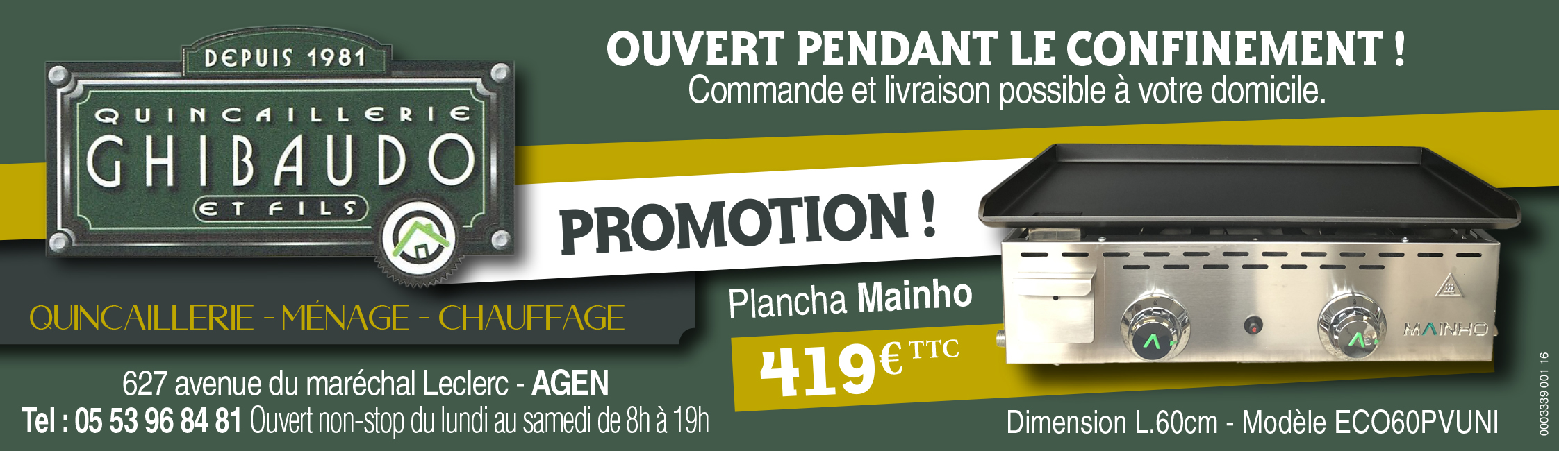 pub communication visuelle pour promotion plancha de la quincaillerie ghibaudo à Agen