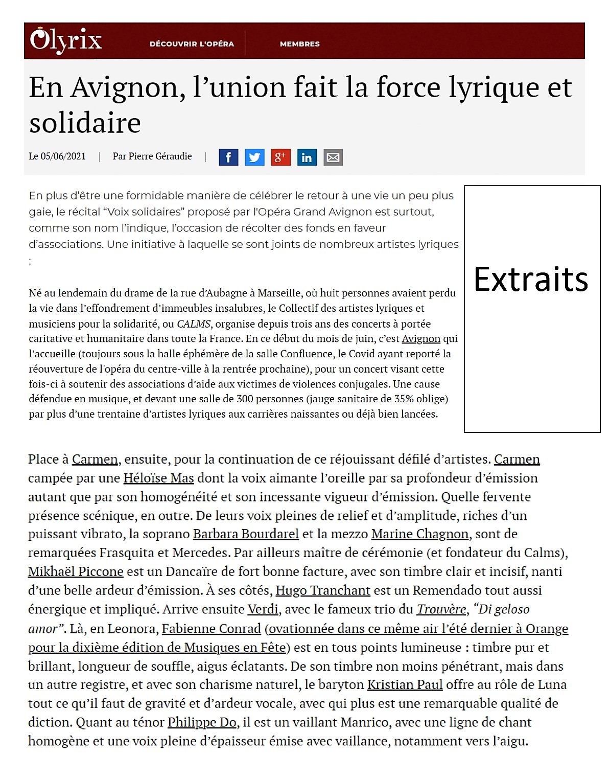 CALMS - Opéra Confluence - Avignon - Concert caritatif "Voix Solidaires" Olyrix extraits - Juin 2021