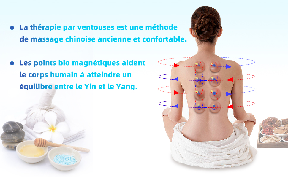 ventouses issues de la médecine chinoise . Elles permettent de stimuler des points d'acupuncture et de libérer des tensions, douleurs dorsales, lombaires, lumbago, sciatique, mal de ventre...