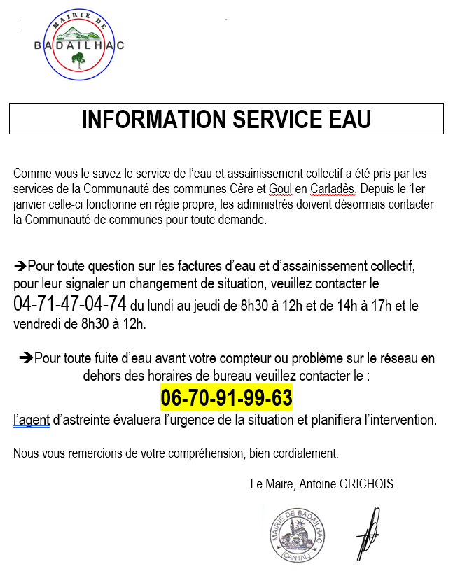 Une fuite avant votre compteur, un problème sur le réseau d'eau potable, merci de contacter le service de la Communauté des Communes