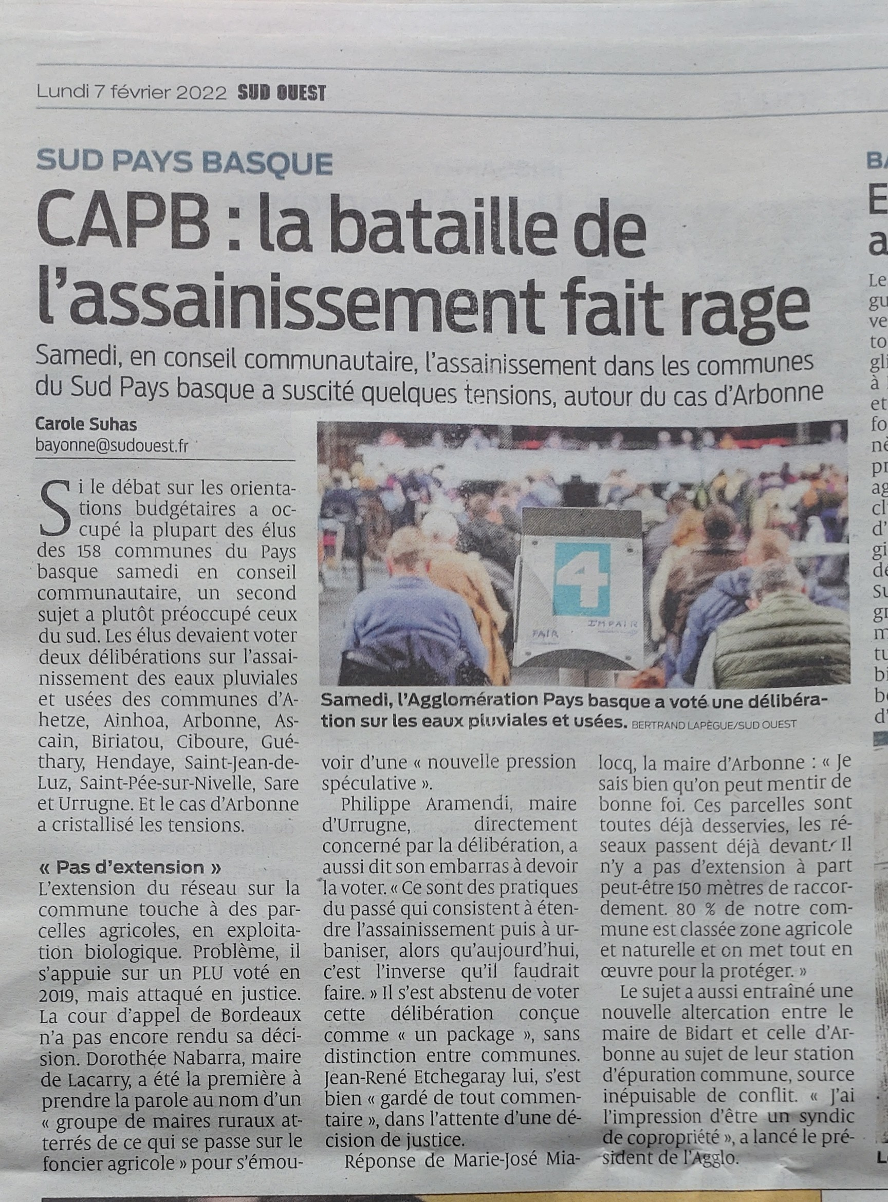 Des tensions autour du cas d'Arbonne au dernier vote de l'agglo / Sud Ouest 07 02 22