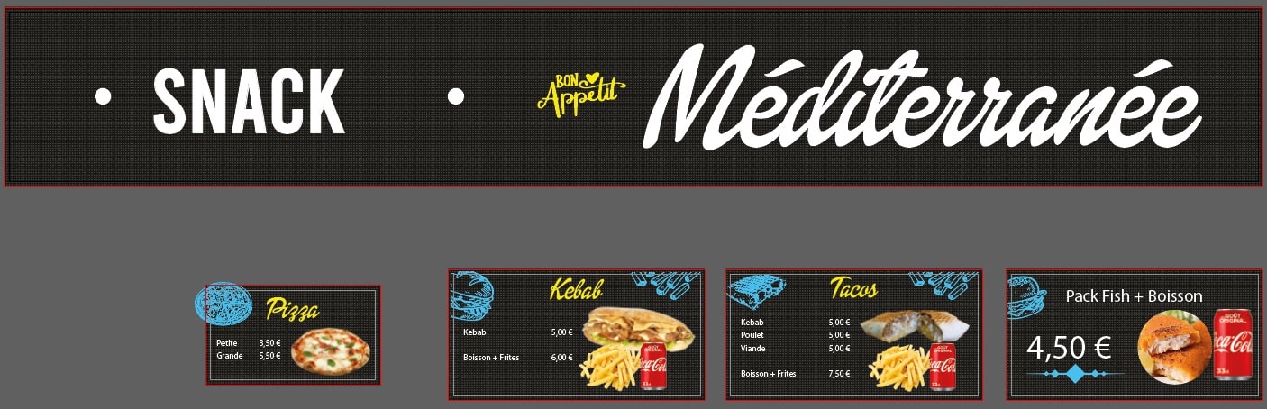 maquette graphique affiche et enseigne le snack méditérranée perpignan maxgraphiste