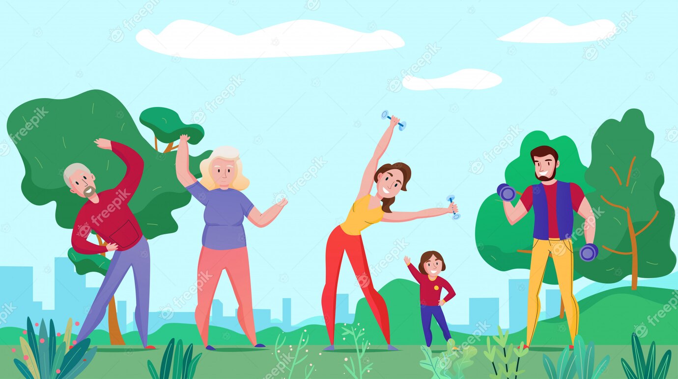 Sante-familiale-sport-fitness-composition-horizontale-plate-grands-parents-parents-enfant-exercant-halteres-illustration-plein-air 1284-29281