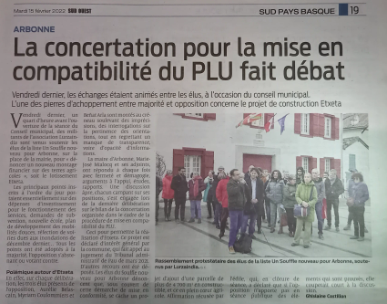 Arbonne : la concertation pour la mise en compatibilité du PLU fait débat / Sud Ouest 15 02 22