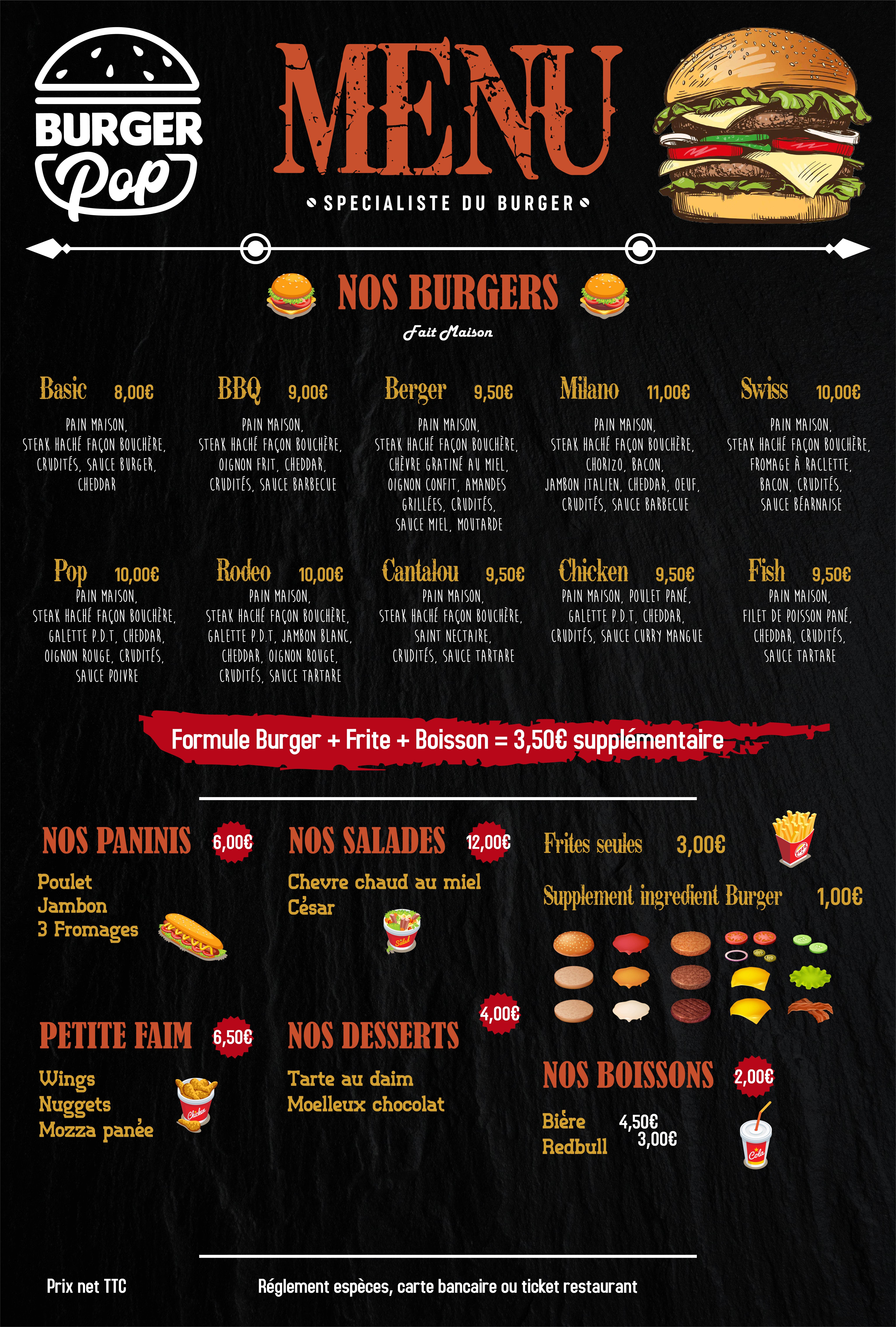 affiche menu restaurant burger pop argelès sur mer maxgraphiste