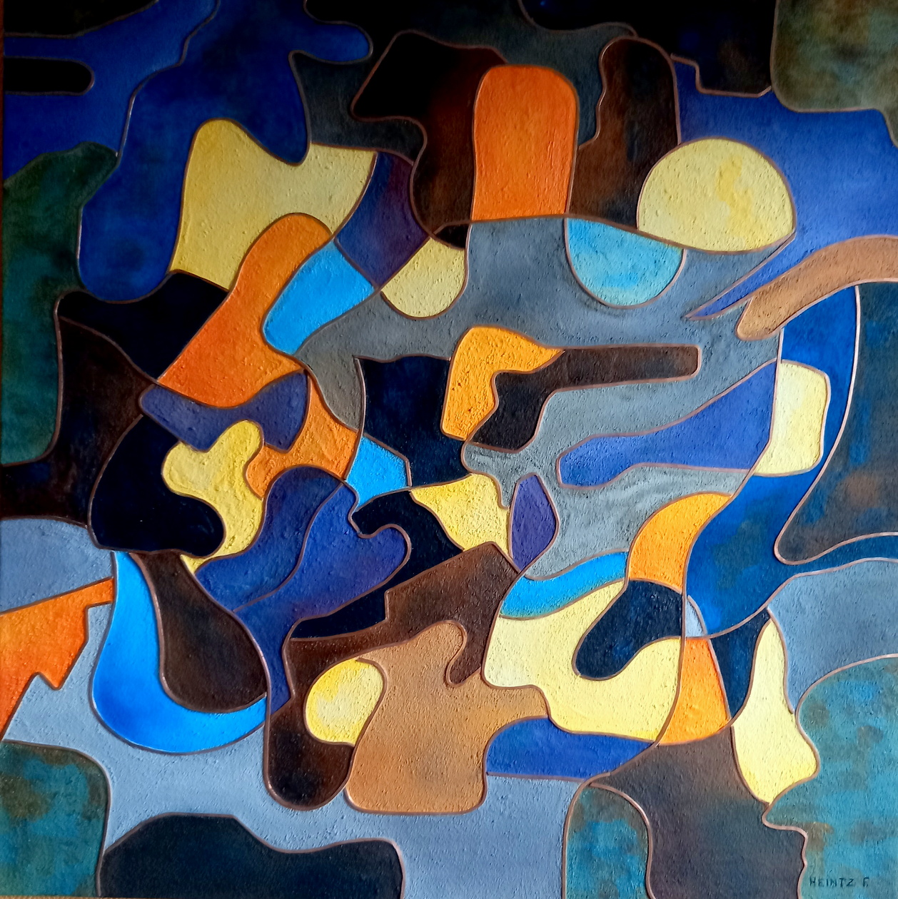 Tableau abstrait . Nombreuses formes  . Couleurs: bleu, orange jaune. Motifs en cuivre