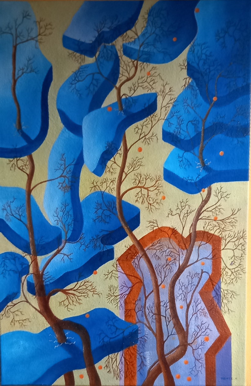 Tableau abstrait, fond sable jaune avec éléments bleus, bruns et mauves.