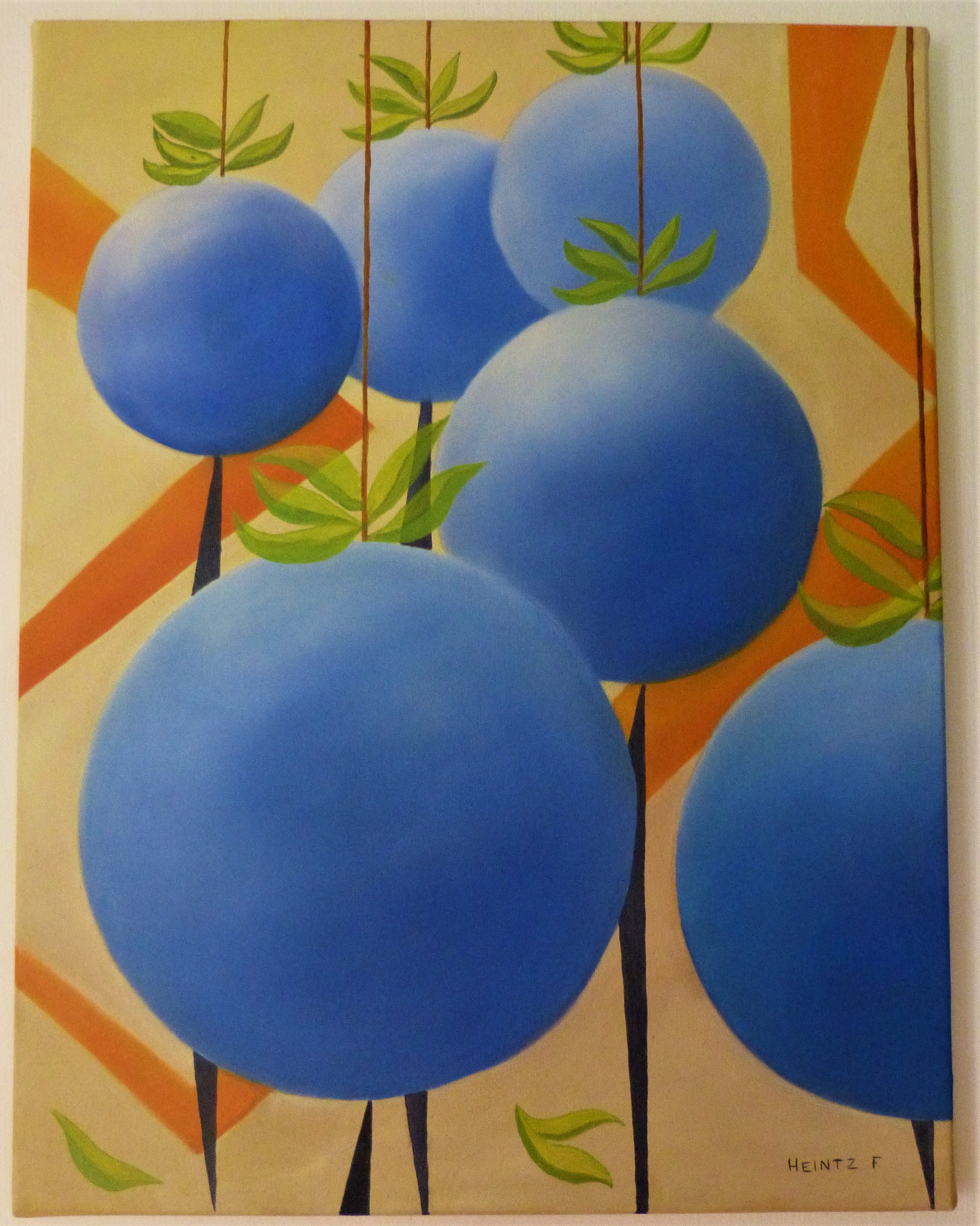 Tableau abstrait: fond beige. Boules bleues de diverses tailles avec bandes oranges