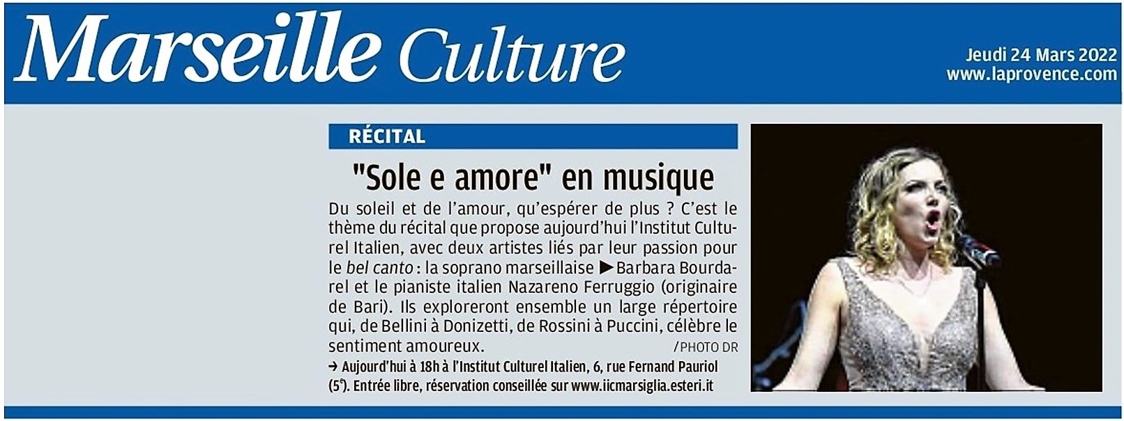 Journal "La Provence" : Infos pour récital "Sole e Amore" du 24 mars 2022 