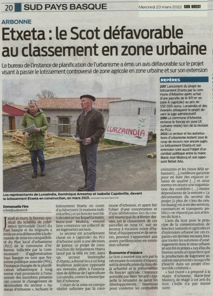 Etxeta : le Scot défavorable au classement en zone urbaine / Sud Ouest 23 03 22