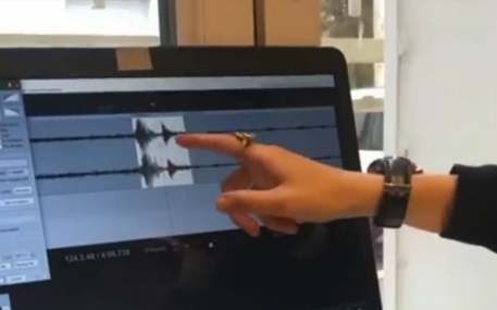 Photo d'une main pointant vers un écran d'ordinateur sur lequel s'affichent des courbes de niveau sonore sur un logiciel de traitement de son.