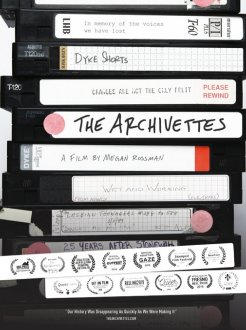 C'est l'affiche du film The Archivettes. Image d'une pile de cassettes vidéos sur lesquelles sont écrits les mots "the archivettes" "dyke shorts", "a film by Megan Rossman", "Wet and working". Il y a la liste des prix gagnés par le film.