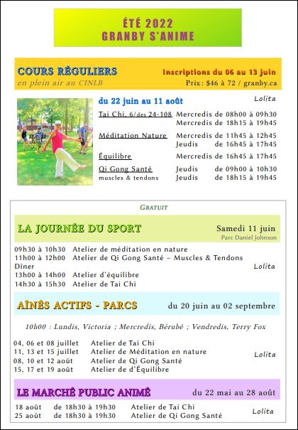 Ville de Granby s'anime à l'été 2022 - Lolita est au rendez-vous Activités régulières payantes et activités gratuites évènements 
Ainés actifs parcs
Le marché public animé
La journée du sport 11 juin