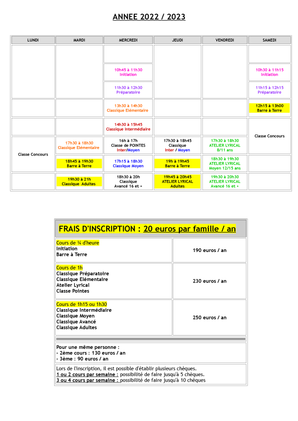 Planning / Tarifs 22/23