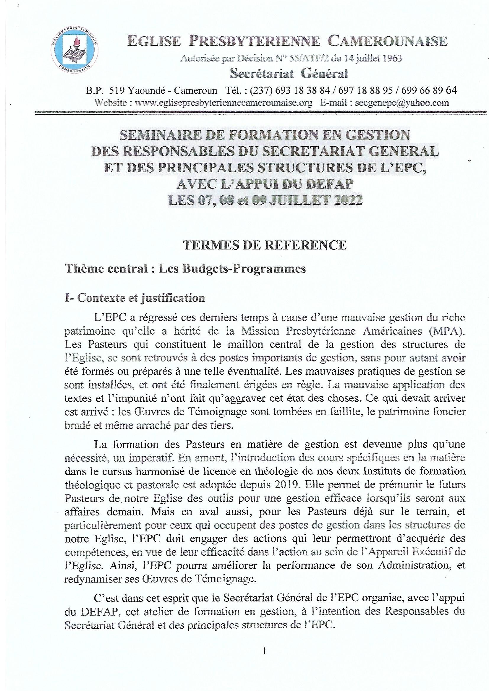 SEMINAIRE DE FORMATION EN GESTION DES RESPONSABLES DU SECRETARIAT GENERAL ET DES PRINCIPALES STRUCTURES DE L'EPC AVEC L'APPUI DU DEFAP