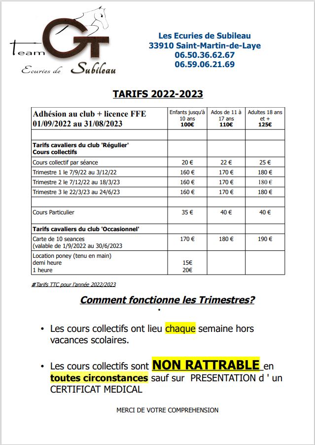 Tarifs centre équestre de Subileau