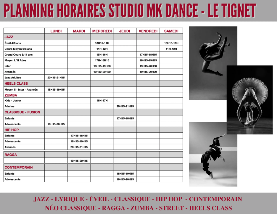 horaires horaire studio mk dance tignet 2022