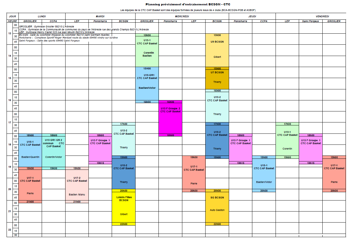 Planning entrainement 2022-2023