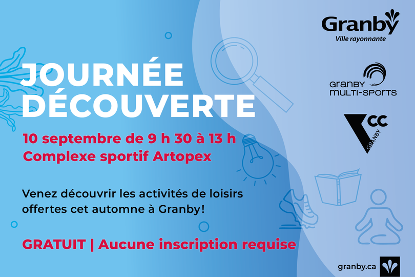 GRANBY - journée découverte 10 septembre 2022 de 9h30 à 13h
au Complexe Sportif Artopex
rue Robitaille

Gratuit - sans inscription

Méditation de 10h00 à 10h20
Qi gong  de 10h30 à 10h50
Tai Chi de 11h00 à 11h20
périodes de questions de 11h30 à 12h00
 Q