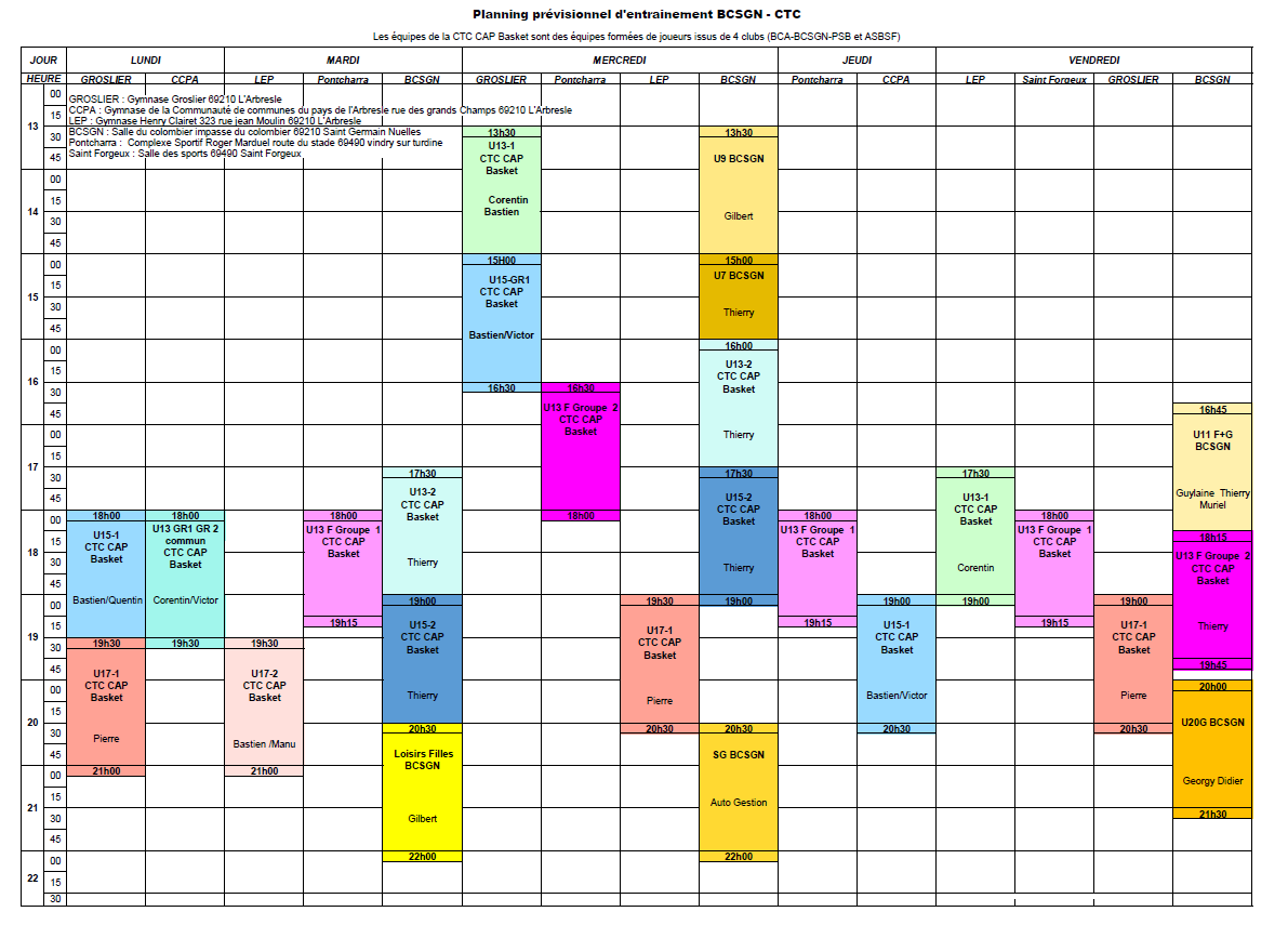 Planning des entrainements 2022-2023