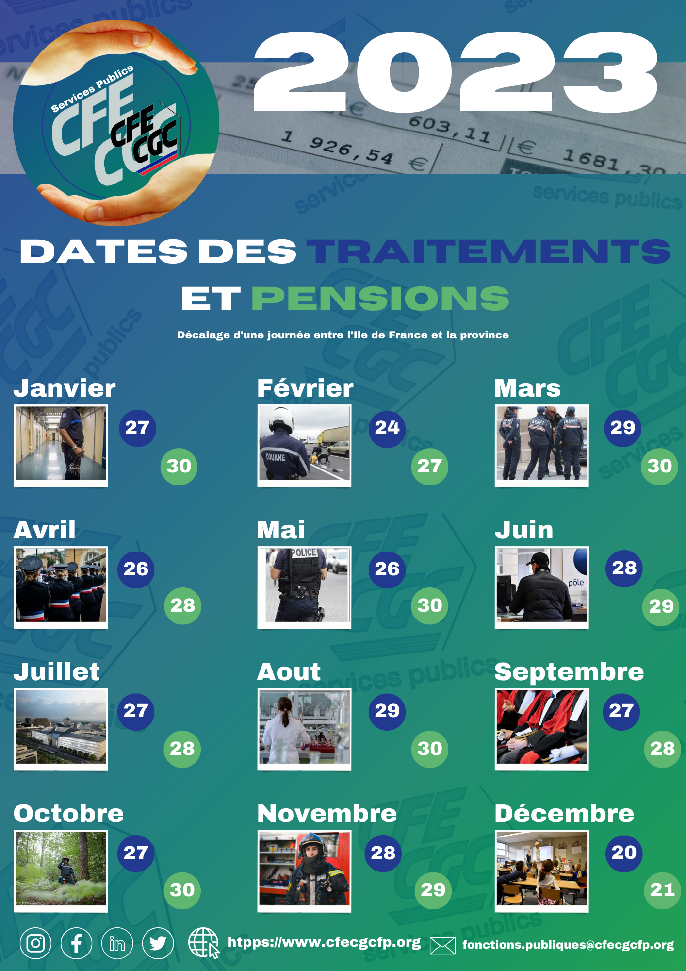 Calendrier des traitements et pensions 2023
